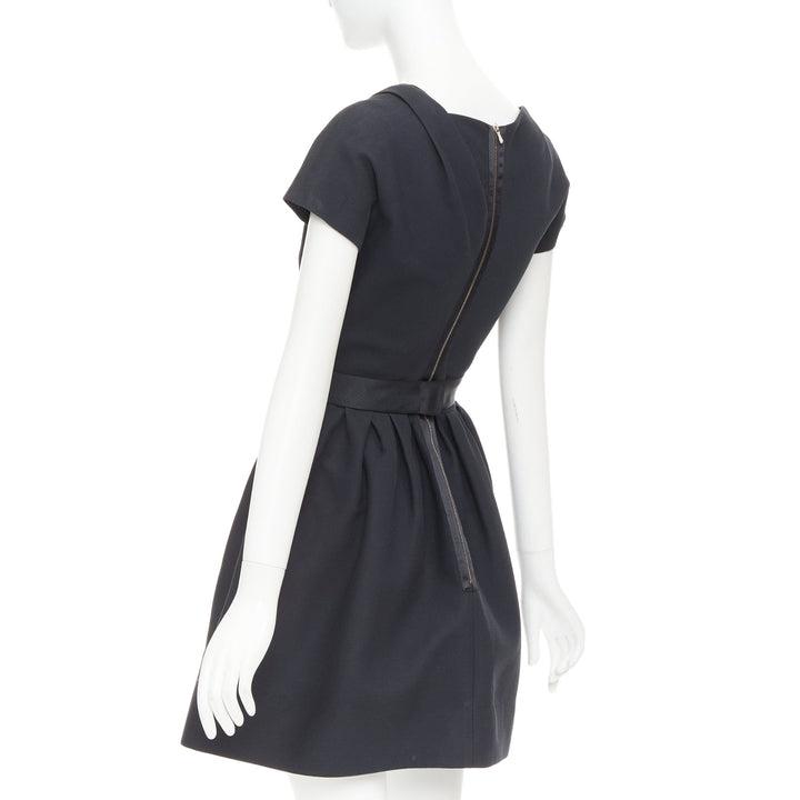 VICTORIA BECKHAM Dress N91 black cotton blend gathered crepe belted dress UK8 S