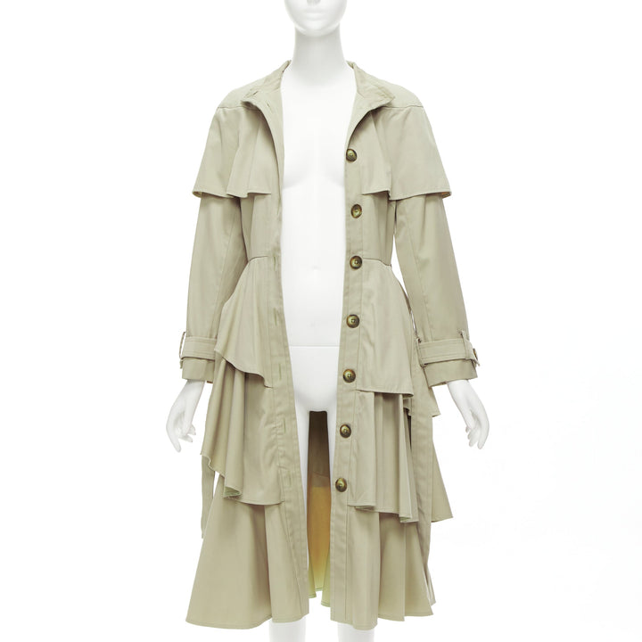 OSMAN LONDON khaki cotton tiered ruffle capelet belted long trench coat XS
