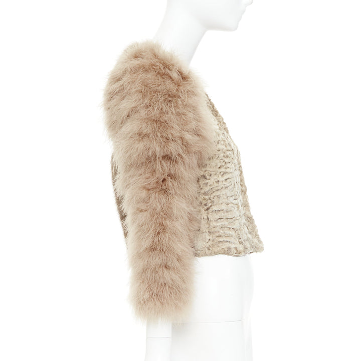 rare GIVENCHY beige Astrakan fur feather sleeves cropped bolero jacket