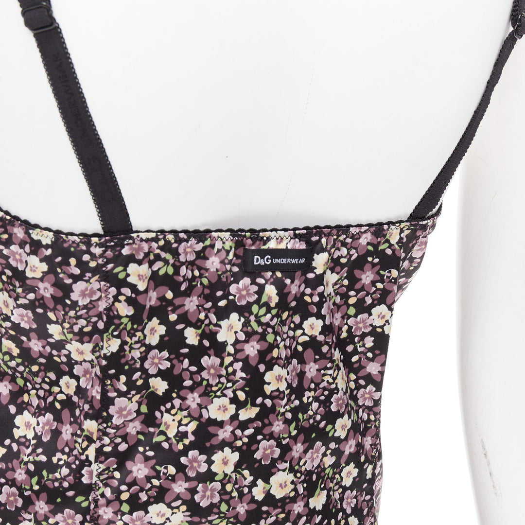 D&G DOLCE GABBANA Vintage pink green floral black bow lace trim slip dress M