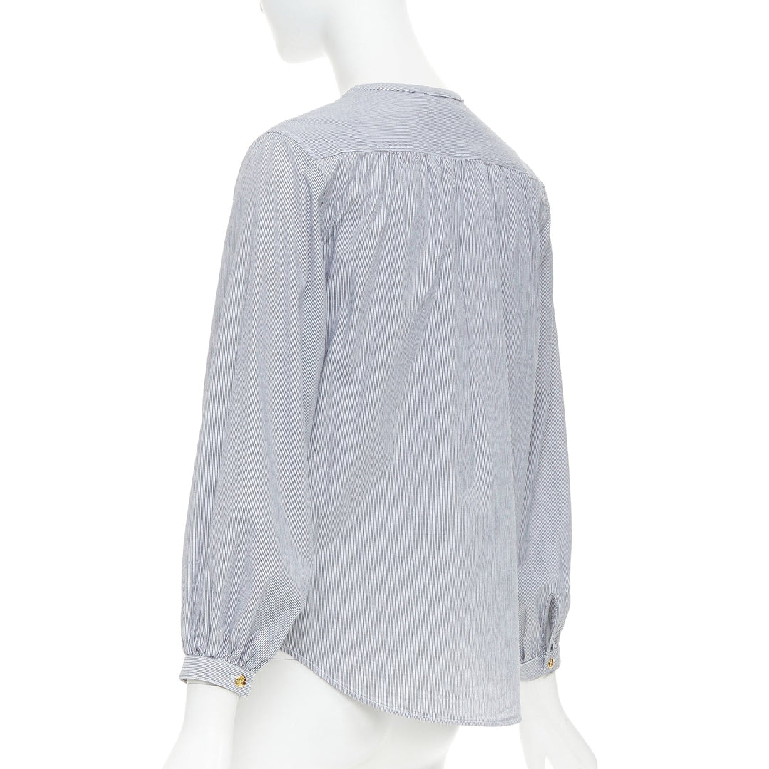 CELINE Romy grey white striped cotton voile lace up front anagram blouse FR36 S