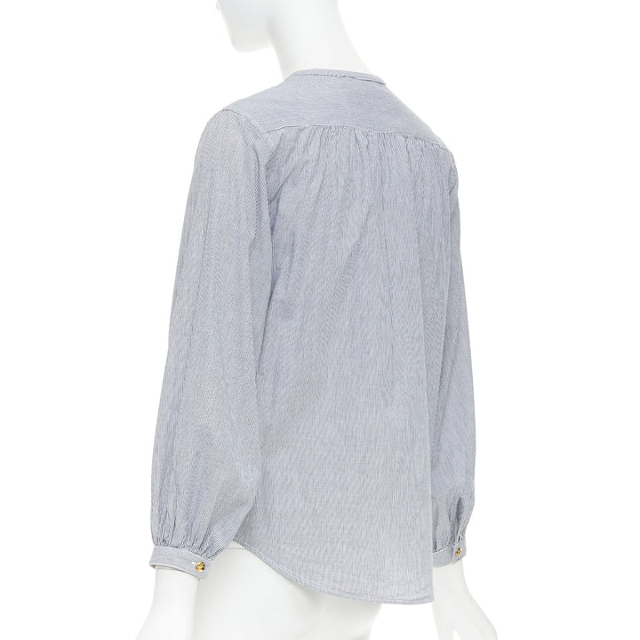 CELINE Romy grey white striped cotton voile lace up front anagram blouse FR36 S