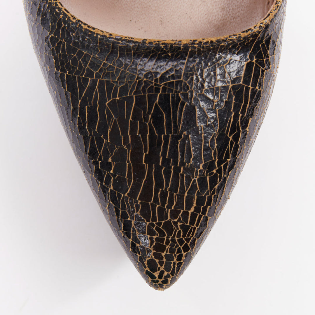 MIU MIU dark brown cracked effect leather triple strap platform heels EU37