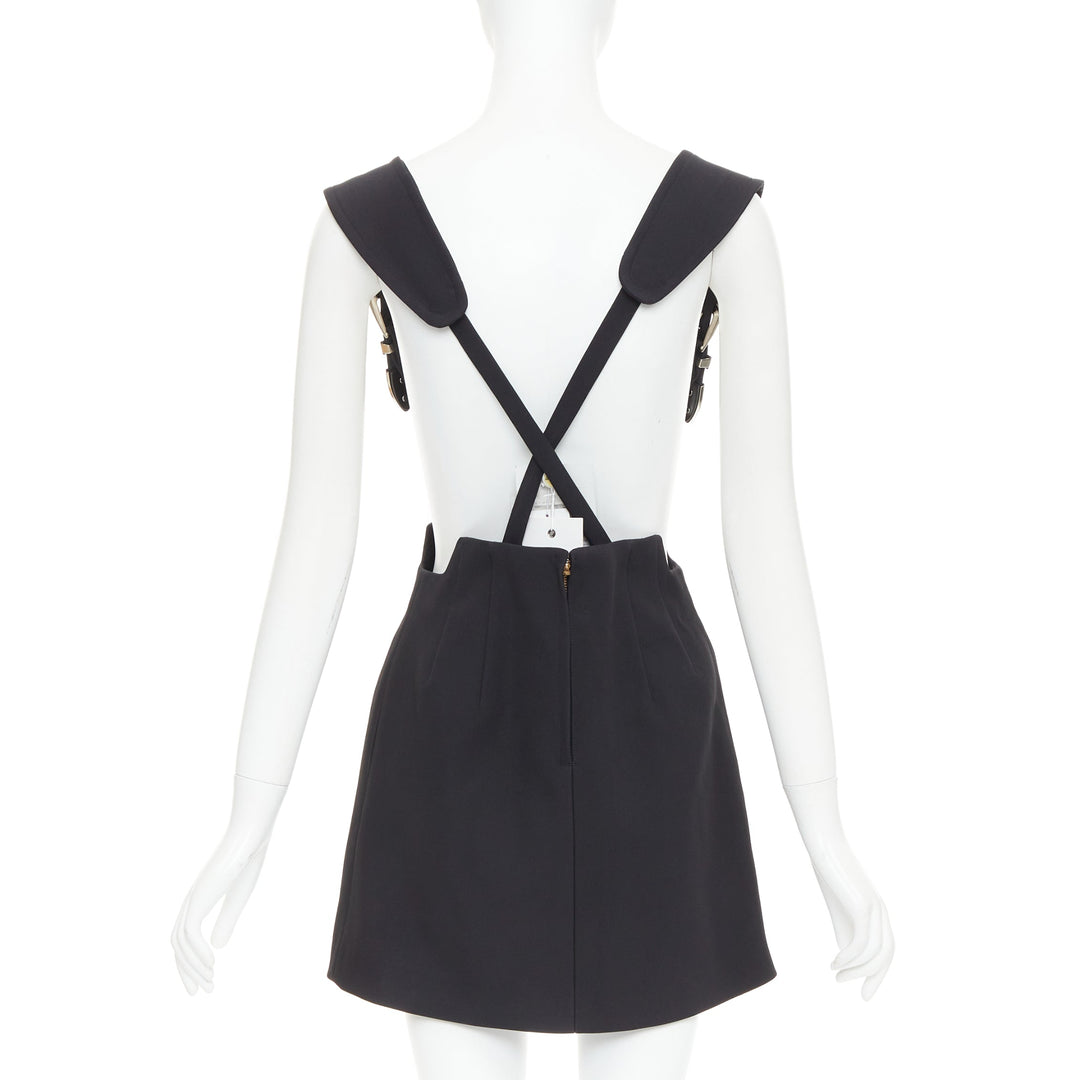 TOGA ARCHIVES Twill black leather western silver buckles suspender skirt FR36 S