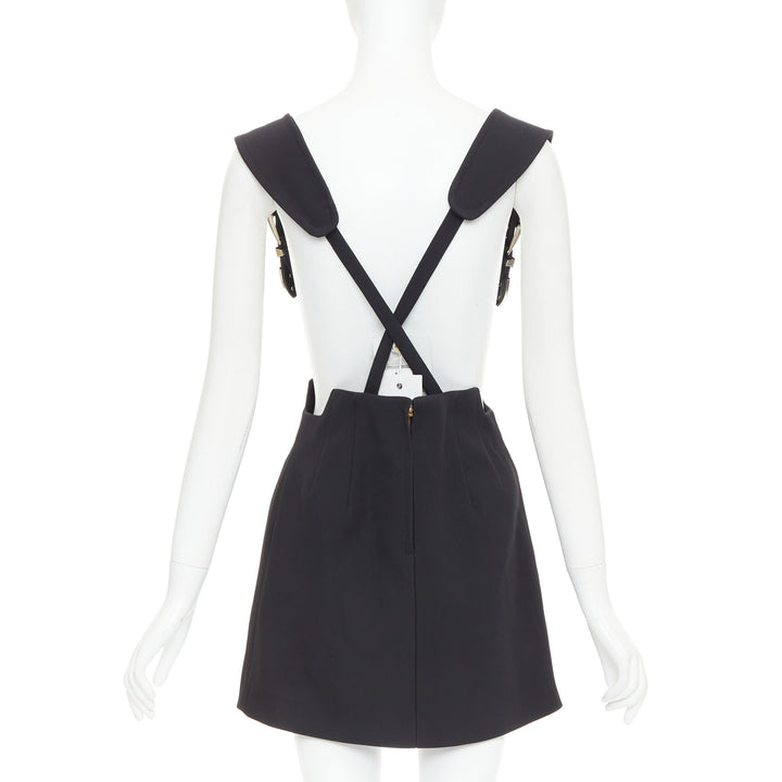 TOGA ARCHIVES Twill black leather western silver buckles suspender skirt FR36 S