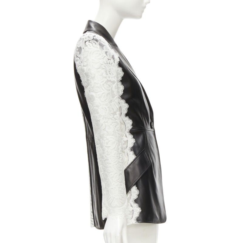 ALEXANDER MCQUEEN 2020 black lamb leather white lace trim blazer jacket IT38 XS