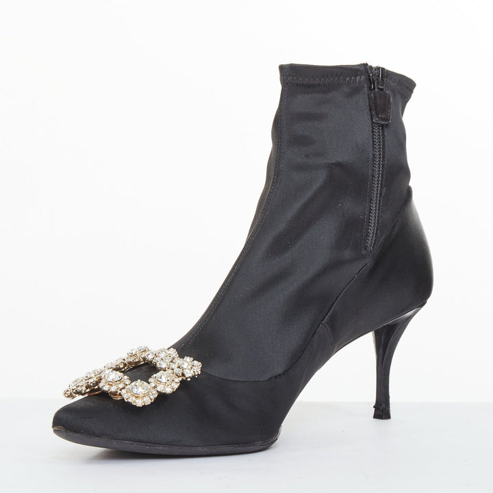 ROGER VIVIER Flower Strass black silk satin crystal buckle sock booties EU40