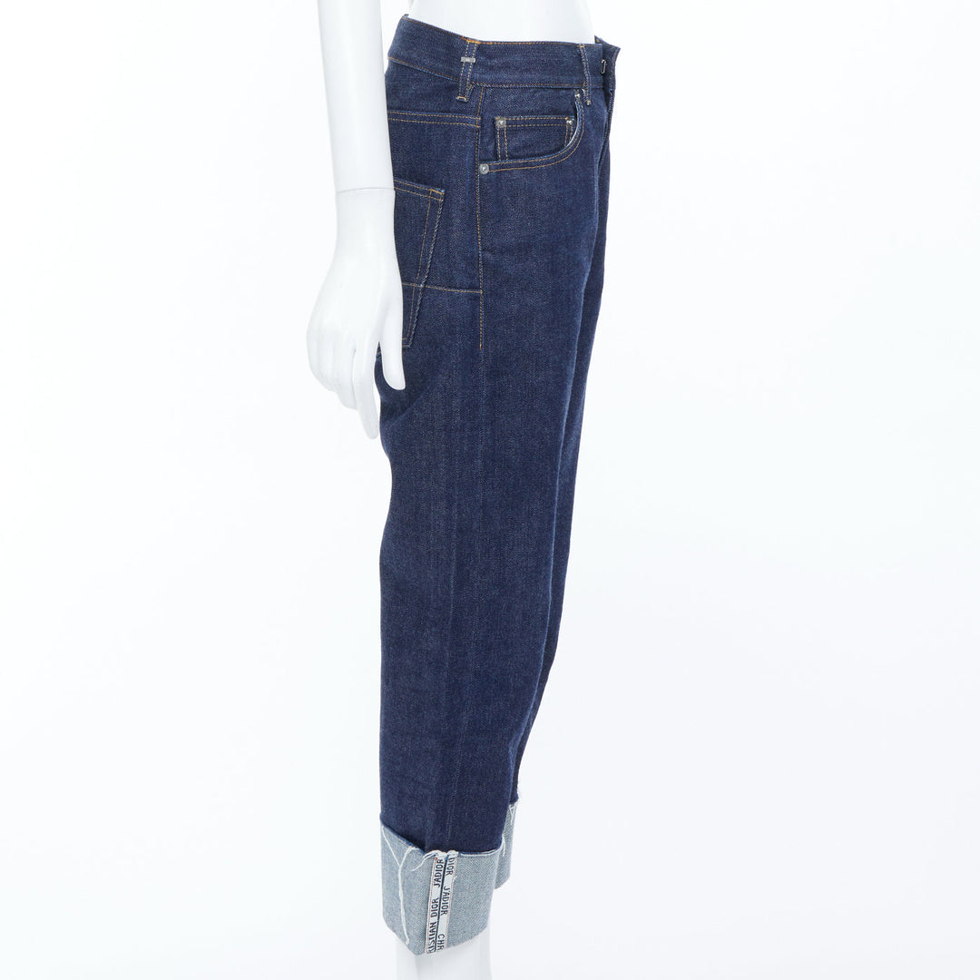 CHRISTIAN DIOR oblique cuffed indigo cotton raw boyfriend pants jeans FR36
