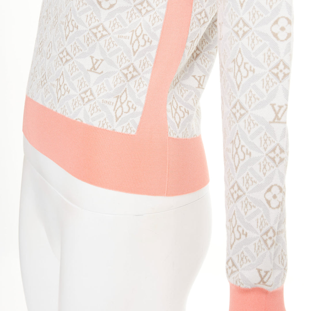 LOUIS VUITTON 2022 Since 1964 Monogram pink grey jacquard gold chain sweater XS