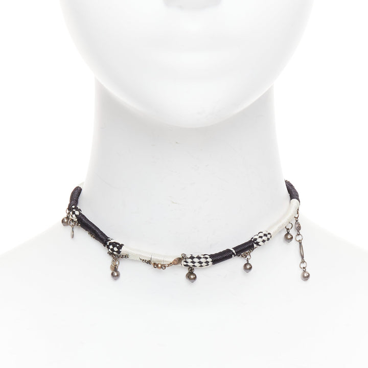 SAINT LAURENT black white braided tribal ball charms choker necklace