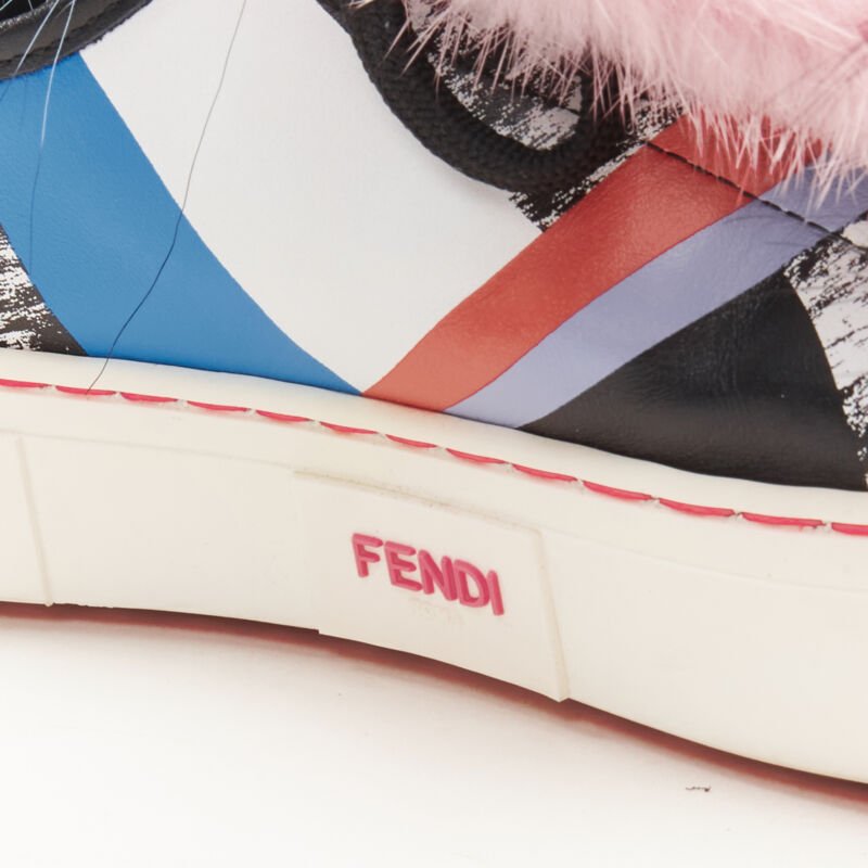 FENDI Flynn pink mohawk fur panel printed leather low top sneaker EU37