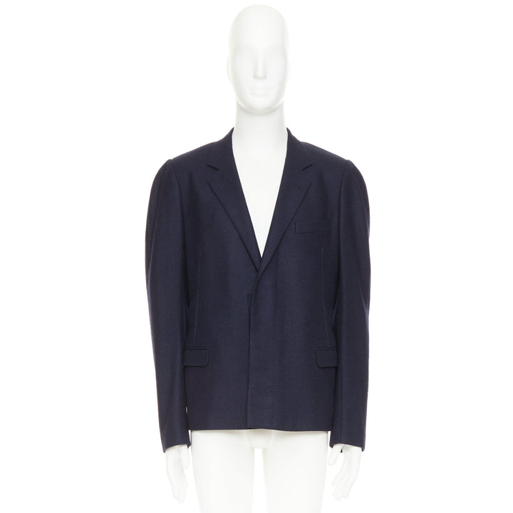 LANVIN navy wool overstitch seams notched lapel single breasted blazer EU52 XL