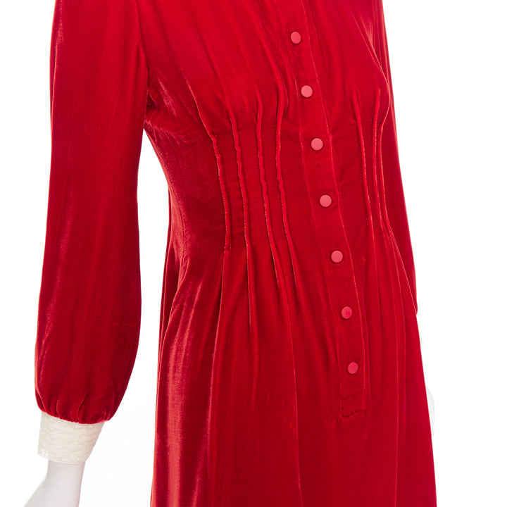 DIOR 2017 Runway red crushed velvet cream lace trim pleated dress FR34 XS
