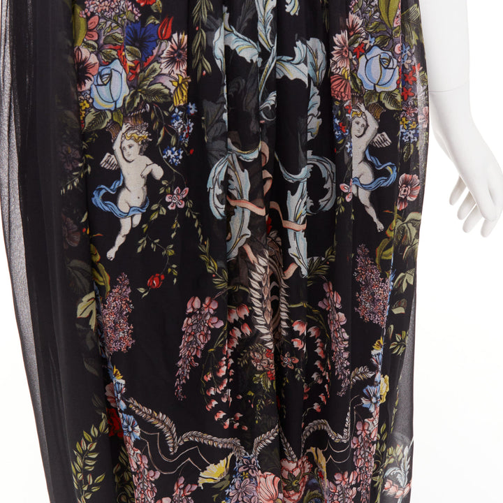 rare FENDI 2017 Riwau Blazon Cherub Gauze black silk empire gown dress FR38 M