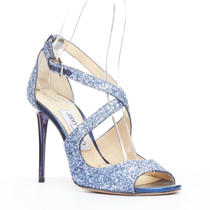 JIMMY CHOO Emily blue glitter crisscross strap open toe sandals EU36