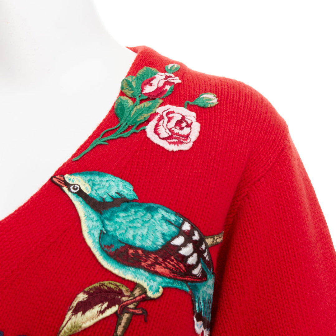 GUCCI 2017 Runway red wool Loved Bird floral embroidered  red wool sweater S