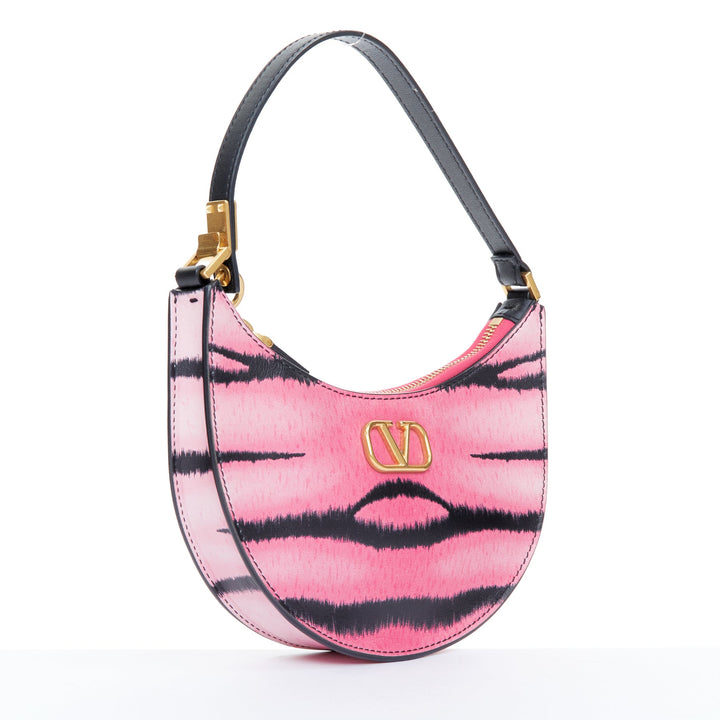 VALENTINO 2022 Tiger 1967 pink black animal print calfskin hobo moon bag