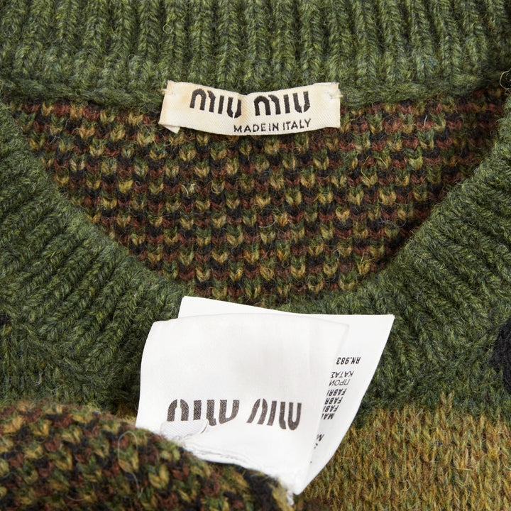 MIU MIU 2019 green brown wool camouflage cropped sweater pullover IT36 XXS