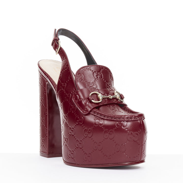 GUCCI 2024 Runway Ottavia burgundy GG embossed leather chunky platform heel EU38