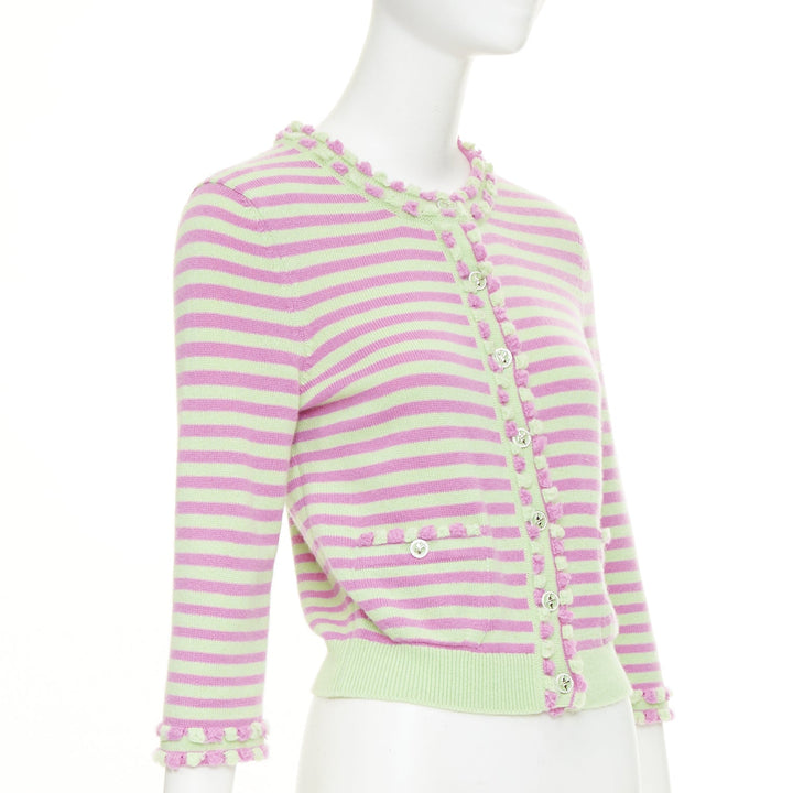 CHANEL 2025 Runway cashmere pink green striped swallow crystal cardigan FR36