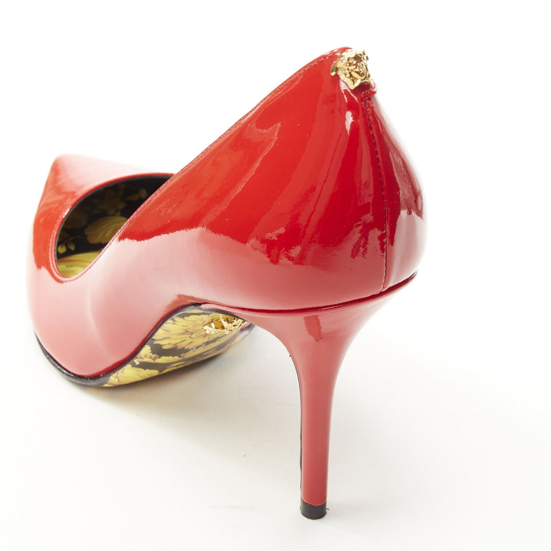 VERSACE Hibiscus Barocco gold sole red patent Medusa stud pump EU37 US7