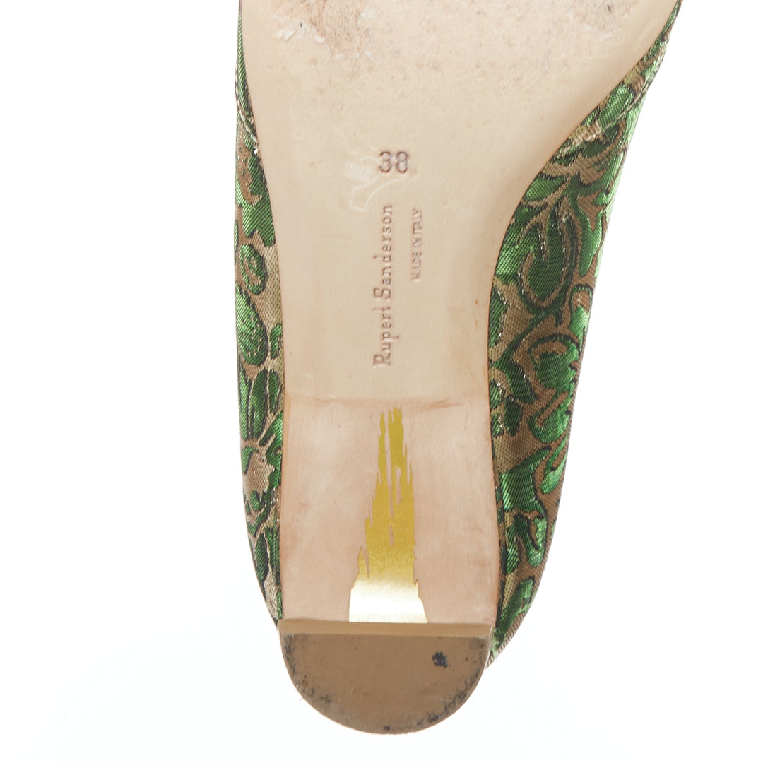 RUPERT SANDERSON Aga green gold brocade embellished pointy flats EU38