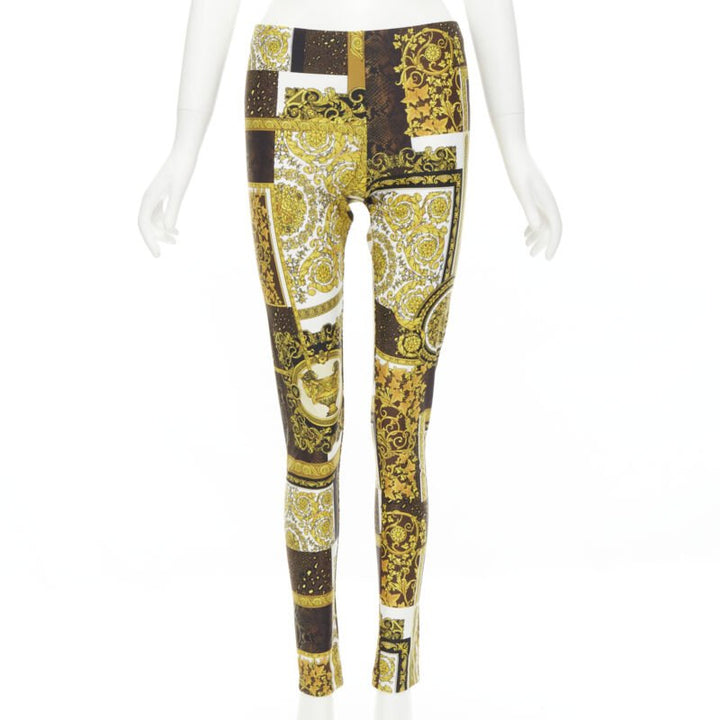 VERSACE Mosaic Barocco black brown scaled leather stretchy leggings IT42 M