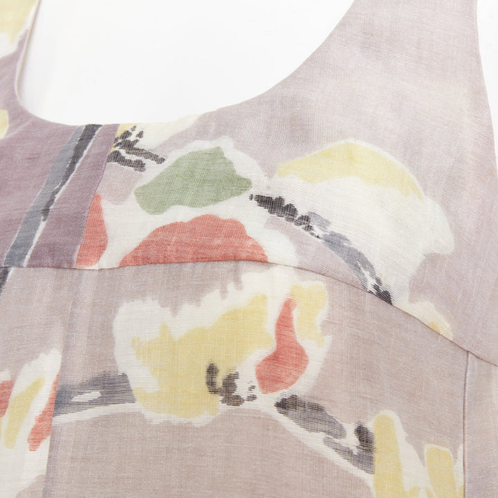 MARNI light grey ramie blend muted floral print panelled scoop neck top IT38 XS