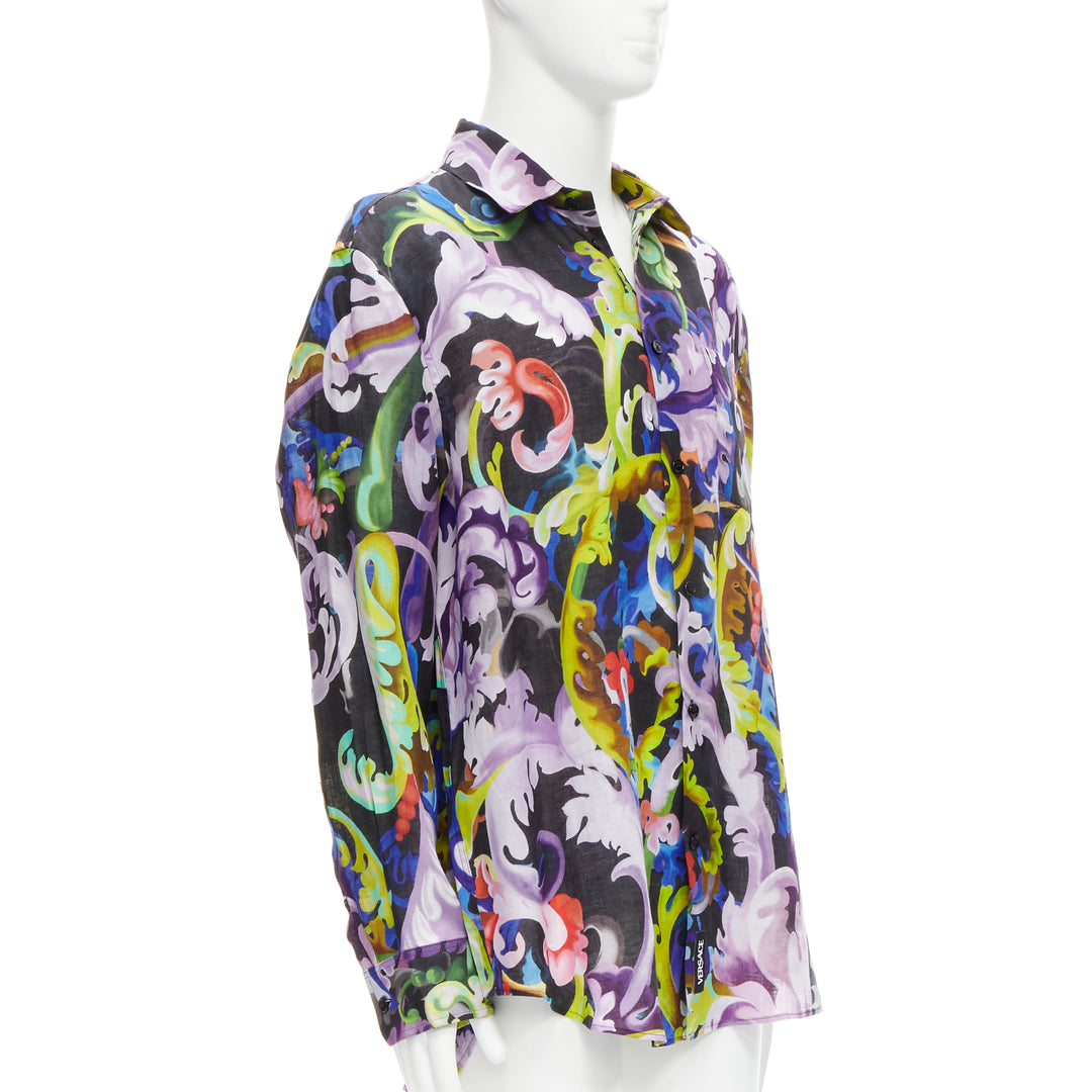 VERSACE 2021 Runway Baroccoflage colorful baroque floral linen shirt EU40 L