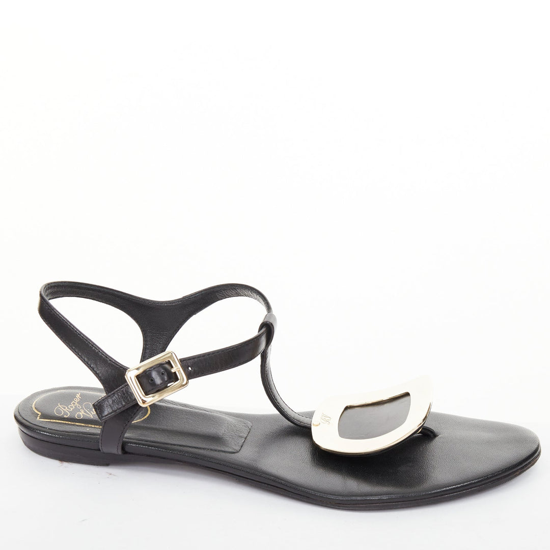 ROGER VIVIER Bikiviv black leather gold buckle tstrap comfort thong sandals EU37