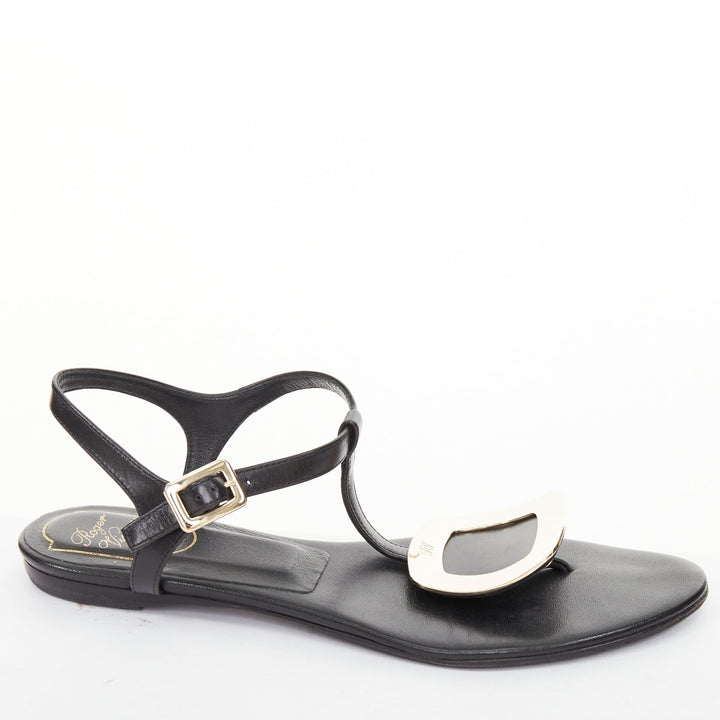 ROGER VIVIER Bikiviv black leather gold buckle tstrap comfort thong sandals EU37