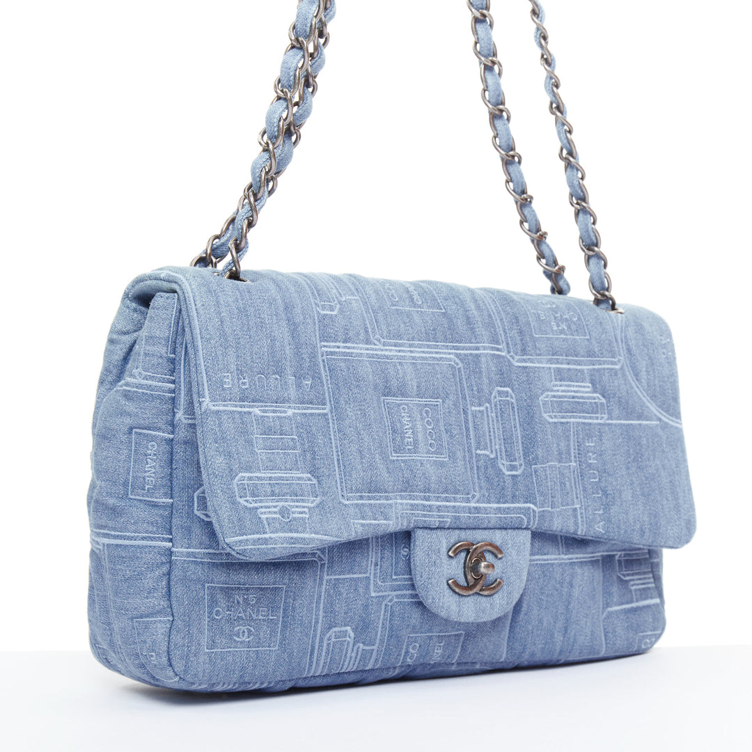 rare CHANEL 2016 Runway Perfume Bottle Embroidered Denim Jumbo Single Flap bag