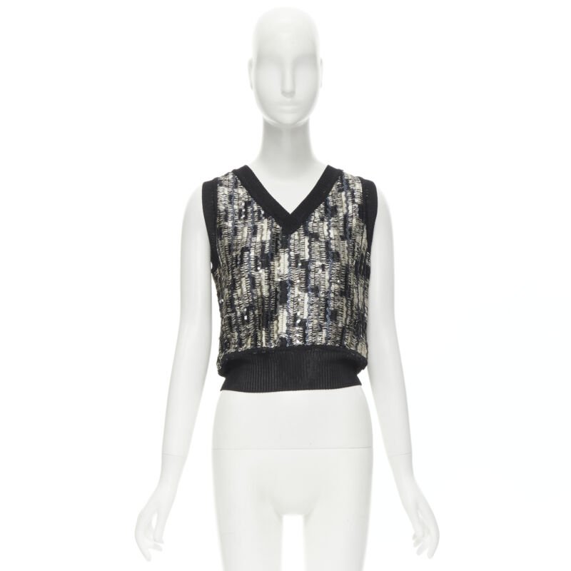 MISSONI blue silver sequins embellished crochet knit cropped vest IT42 M