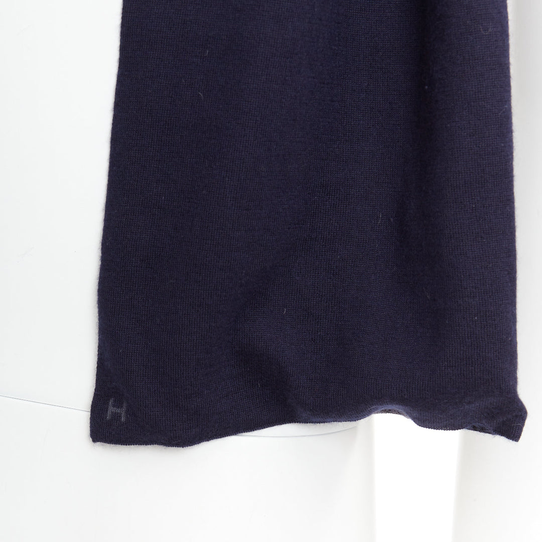 HERMES navy grey cashmere silk reversible H anagram long jersey scarf