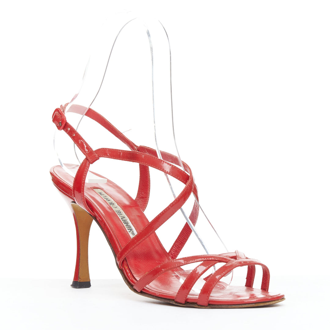 MANOLO BLAHNIK red patent leather crisscross strappy sandals EU37