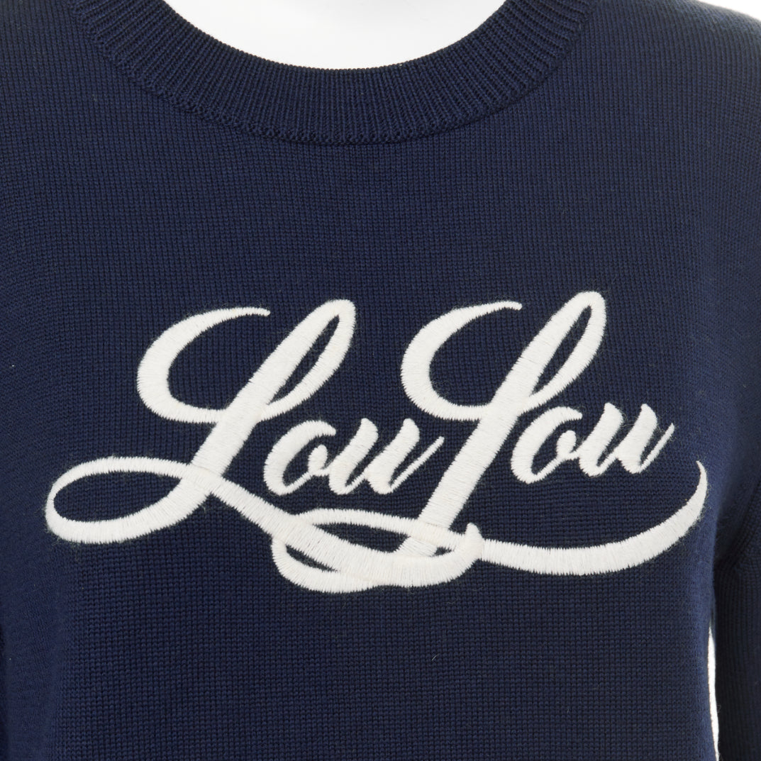 SAINT LAURENT 2017 LouLou Script navy wool cream embroidered crew neck sweater M