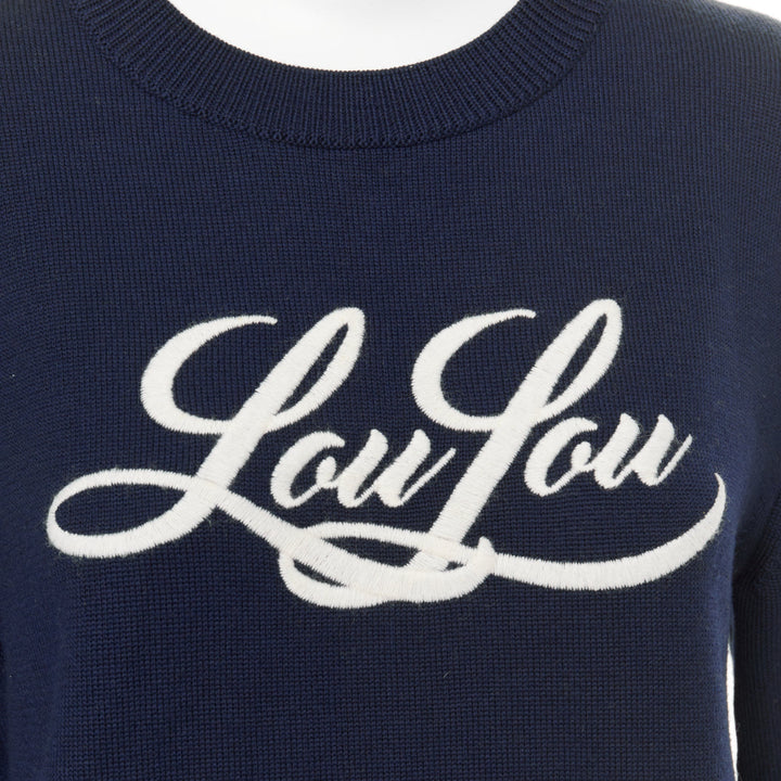 SAINT LAURENT 2017 LouLou Script navy wool cream embroidered crew neck sweater M