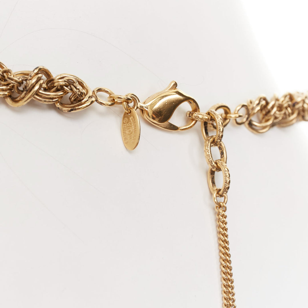 CHANEL 11A aged gold  braided multi link black crystal CC short necklace
