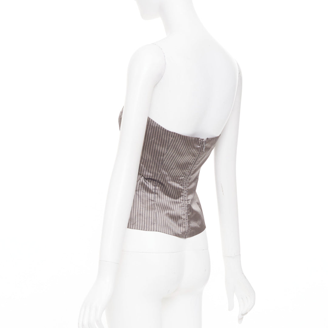 EMPORIO ARMANI Vintage brown pinstripe silk woven strapless bustier top IT38 XS