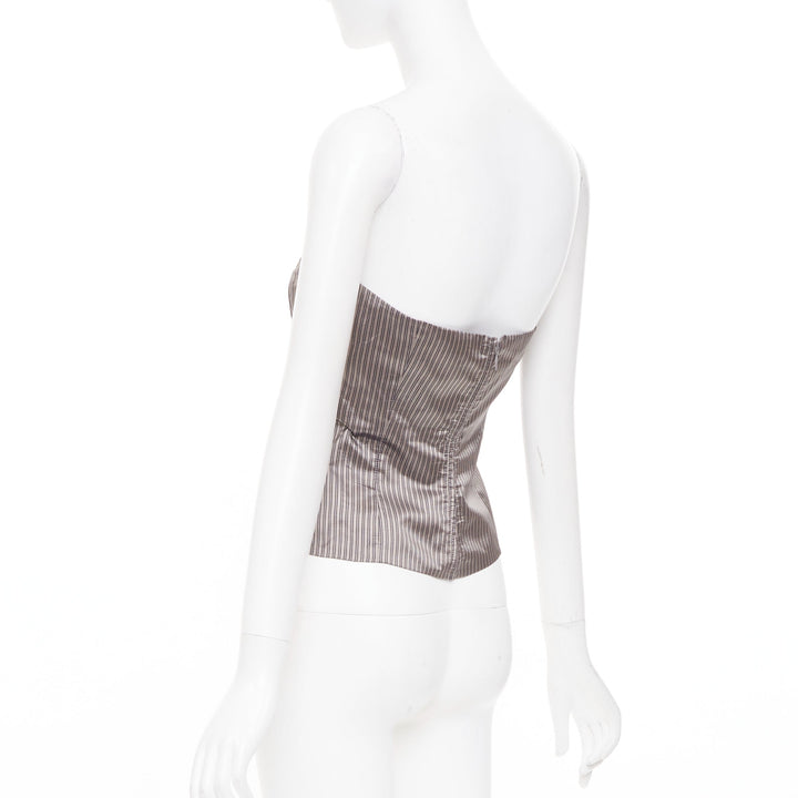 EMPORIO ARMANI Vintage brown pinstripe silk woven strapless bustier top IT38 XS