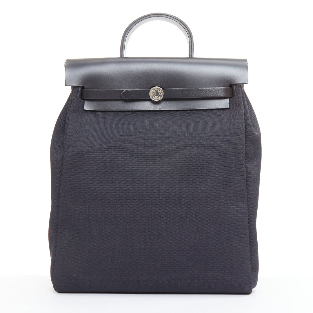 HERMES Herbag A Dos Backpack 2-in-1 black toile canvas vache calfskin bag