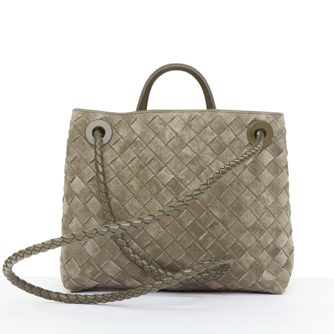 BOTTEGA VENETA Small Andiamo grey intrecciato suede gold knot tote bag