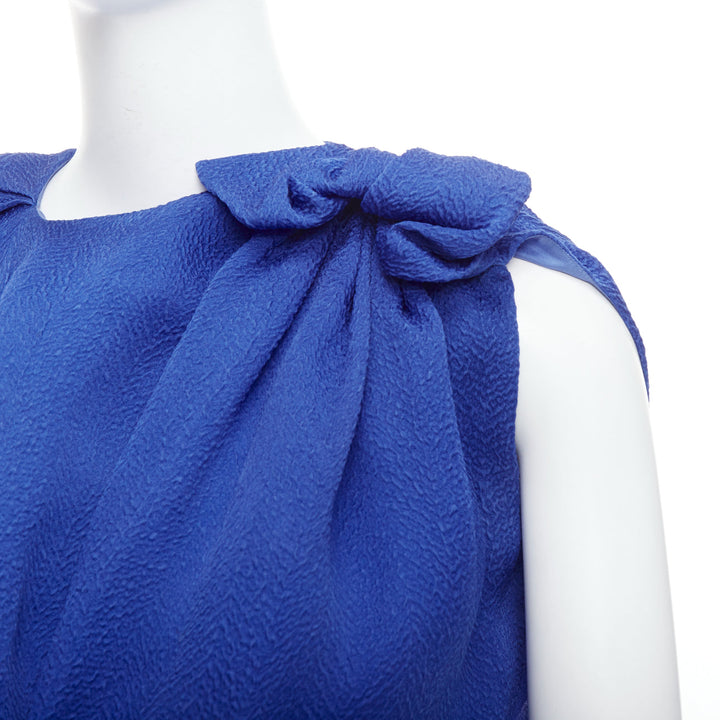 LANVIN 2009 100% silk blue asymmetric bow knot hook drape dress FR36 S