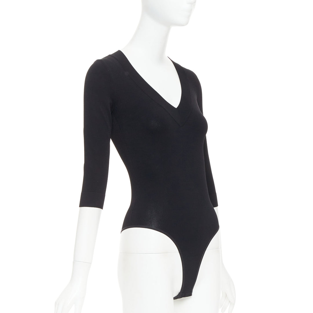 ALAIA black viscose blend V-neck bodysuit t-shirt leotard top FR36 S
