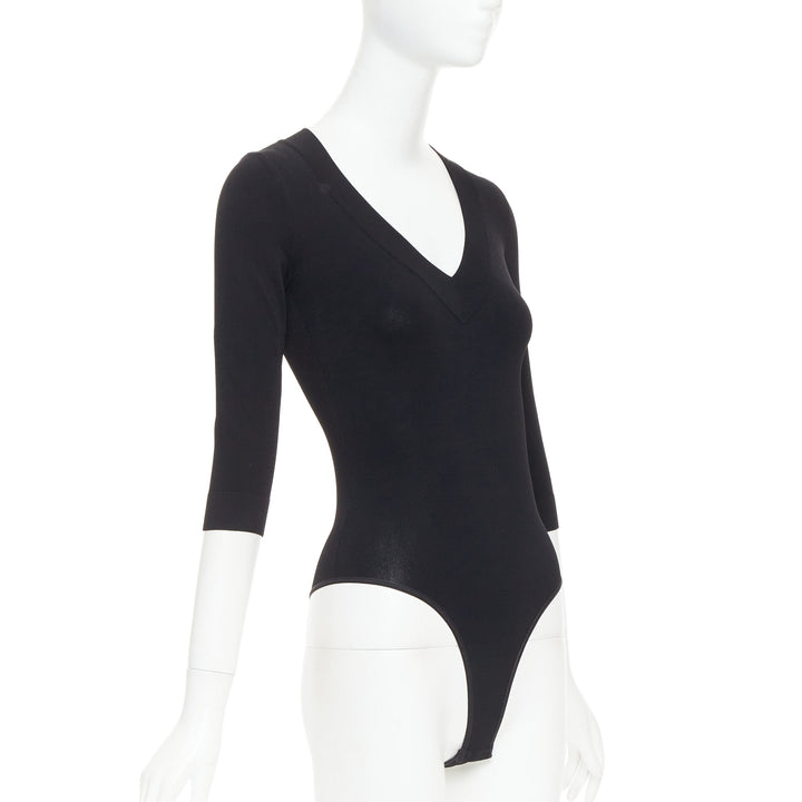 ALAIA black viscose blend V-neck bodysuit t-shirt leotard top FR36 S