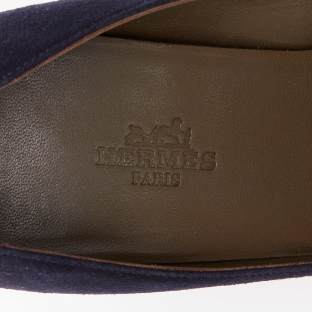 HERMES navy suede leather silk bow tie back spool heeled pumps EU37.5