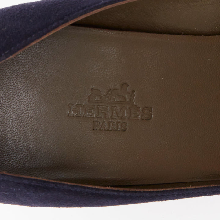 HERMES navy suede leather silk bow tie back spool heeled pumps EU37.5