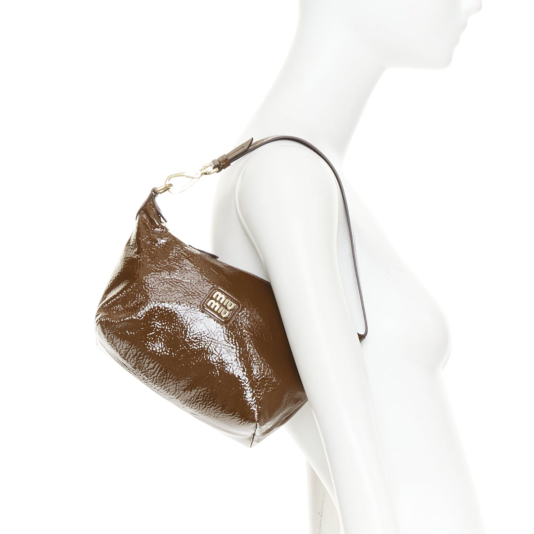 MIU MIU 2024 brown Naplak patent leather gold logo mini pouch bag