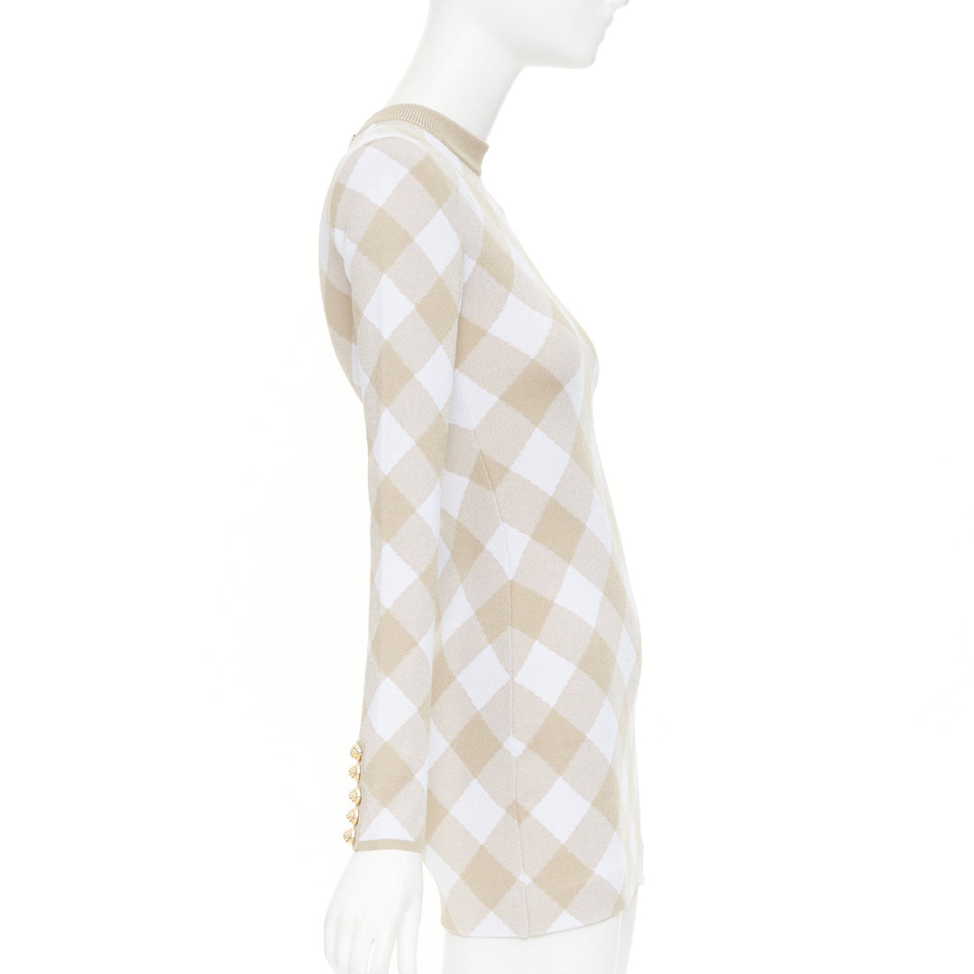 BALMAIN Vichy nude white gingham checkered dress gold buttons dress FR34 XS