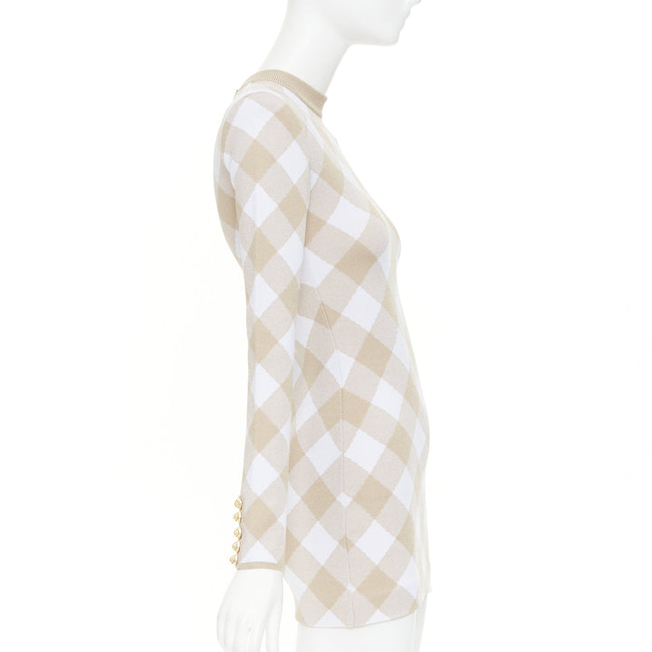 BALMAIN Vichy nude white gingham checkered dress gold buttons dress FR34 XS